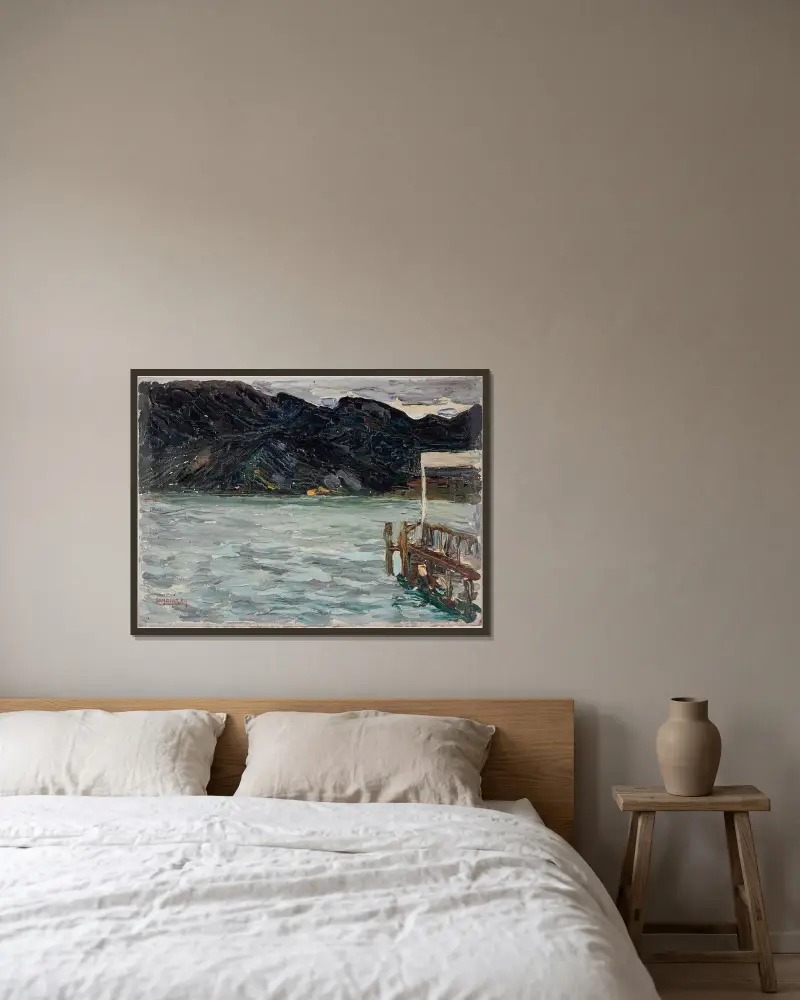 Kochel, sjö och port I av Wassily Kandinsky inramad på en vägg