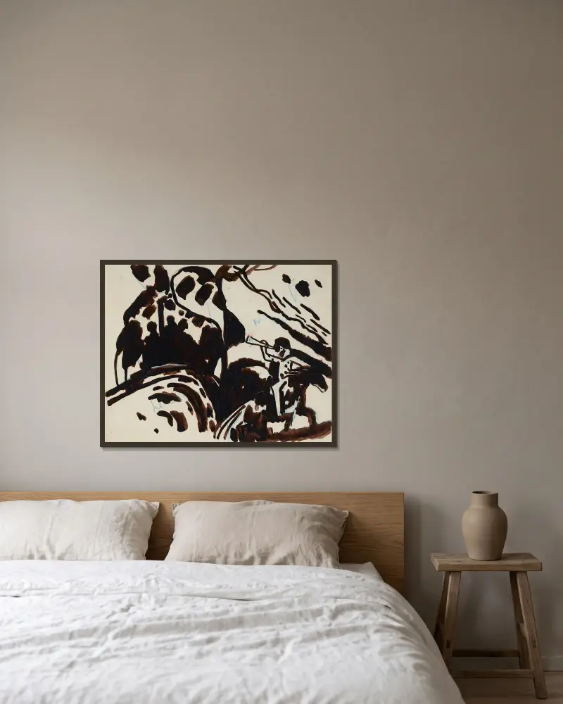 Landschaft mit trompetenblasendem Reiter von Wassily Kandinsky gerahmt an einer Wand
