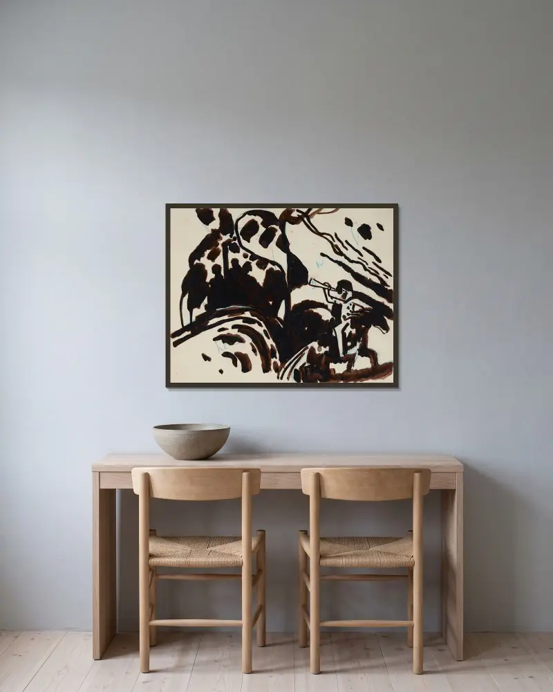 Landschaft mit trompetenblasendem Reiter von Wassily Kandinsky gerahmt an einer Wand