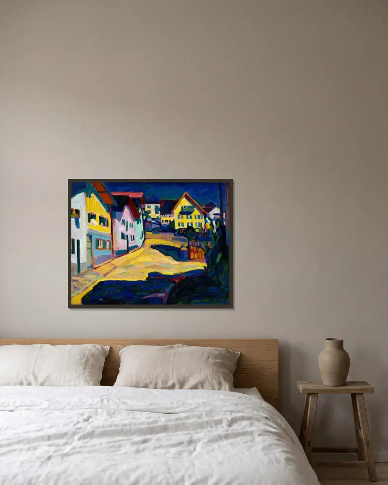 Murnau, Burggrabenstrasse 1, 1908 av Wassily Kandinsky inramad på en vägg