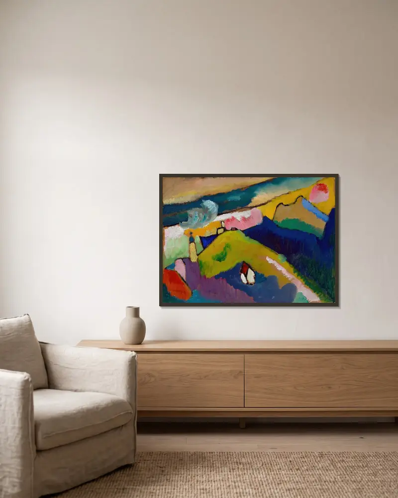Murnau – bergslandskap med kyrka av Wassily Kandinsky inramad på en vägg