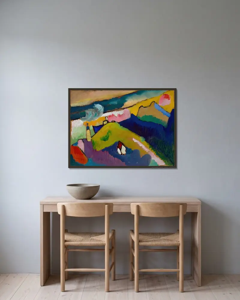 Murnau – bergslandskap med kyrka av Wassily Kandinsky inramad på en vägg