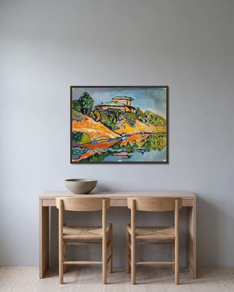 Datja vid dammens kant i närheten av Wassily Kandinsky inramad på en vägg