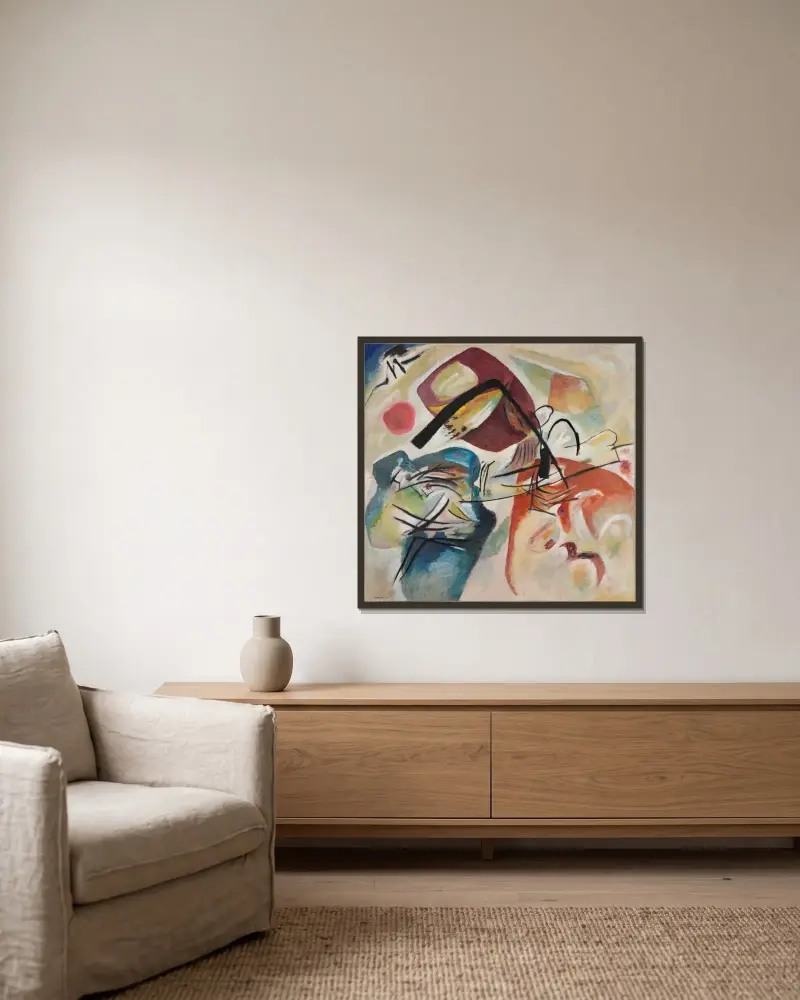 Bild mit schwarzem Bogen von Wassily Kandinsky gerahmt an einer Wand