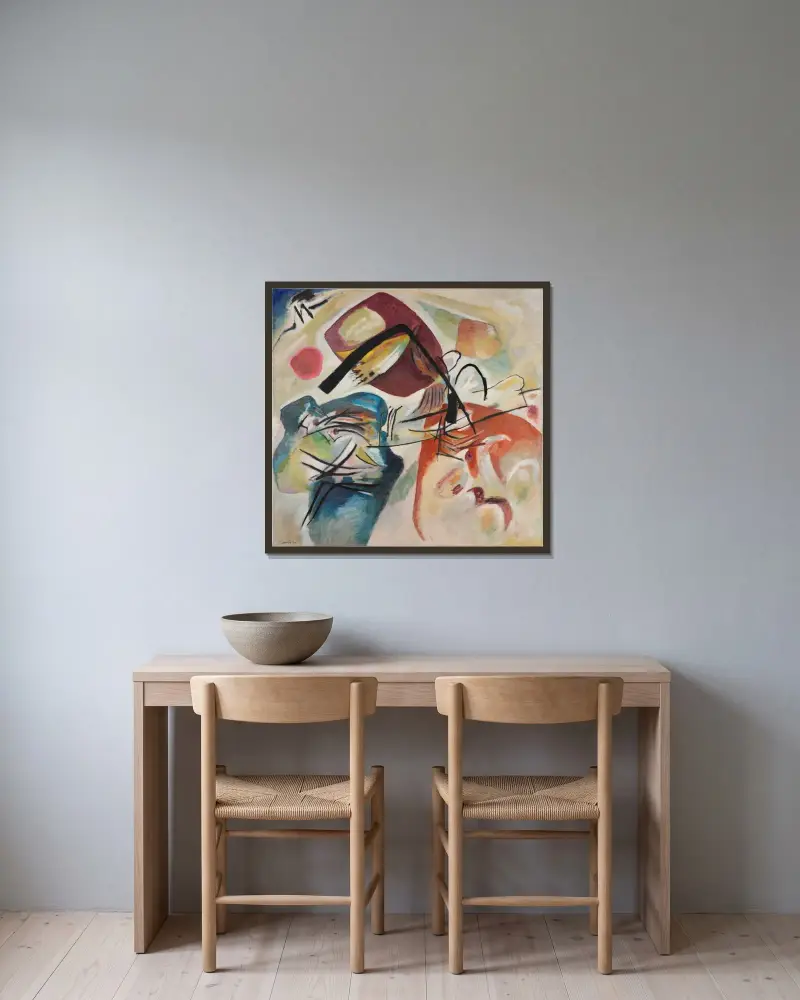 Bild mit schwarzem Bogen von Wassily Kandinsky gerahmt an einer Wand