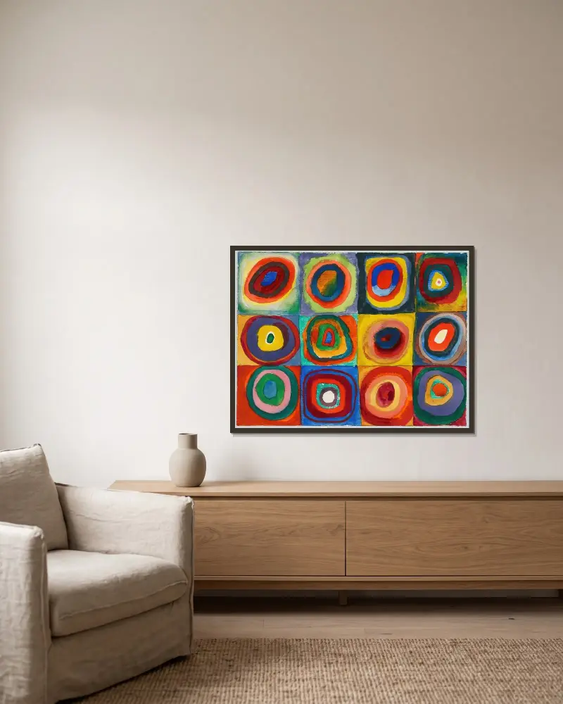 Quadrate mit konzentrischen Ringen von Wassily Kandinsky gerahmt an einer Wand