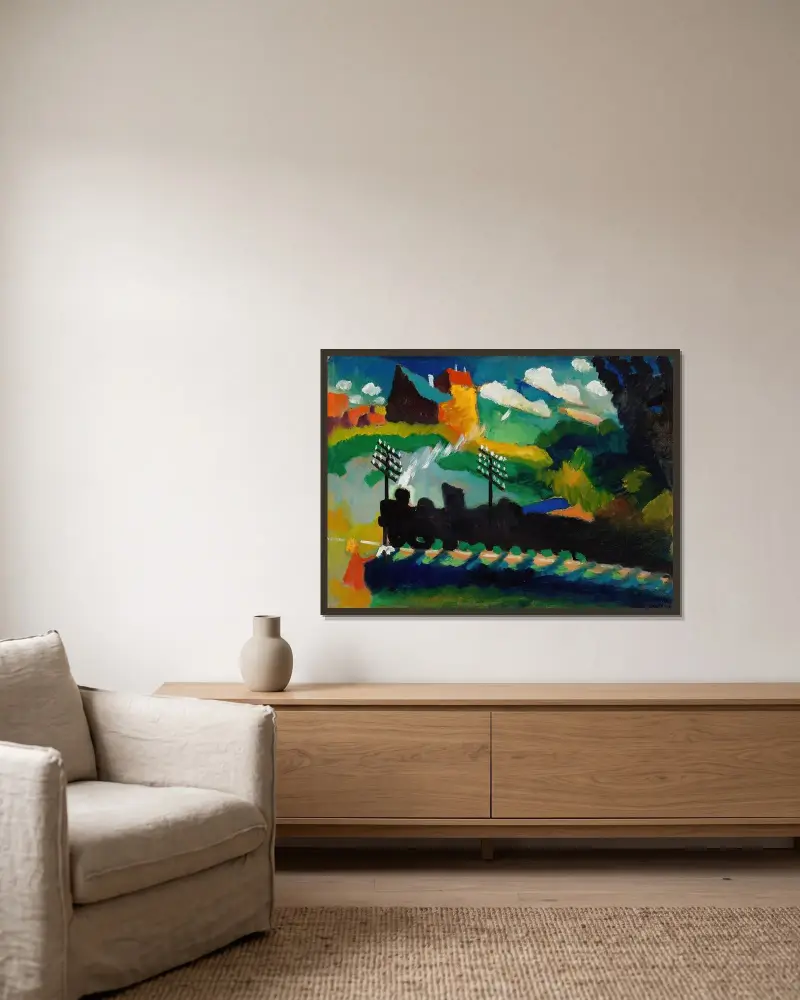 Järnvägen vid Murnau av Wassily Kandinsky inramad på en vägg