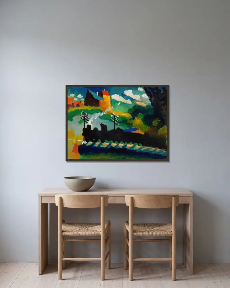 Järnvägen vid Murnau av Wassily Kandinsky inramad på en vägg