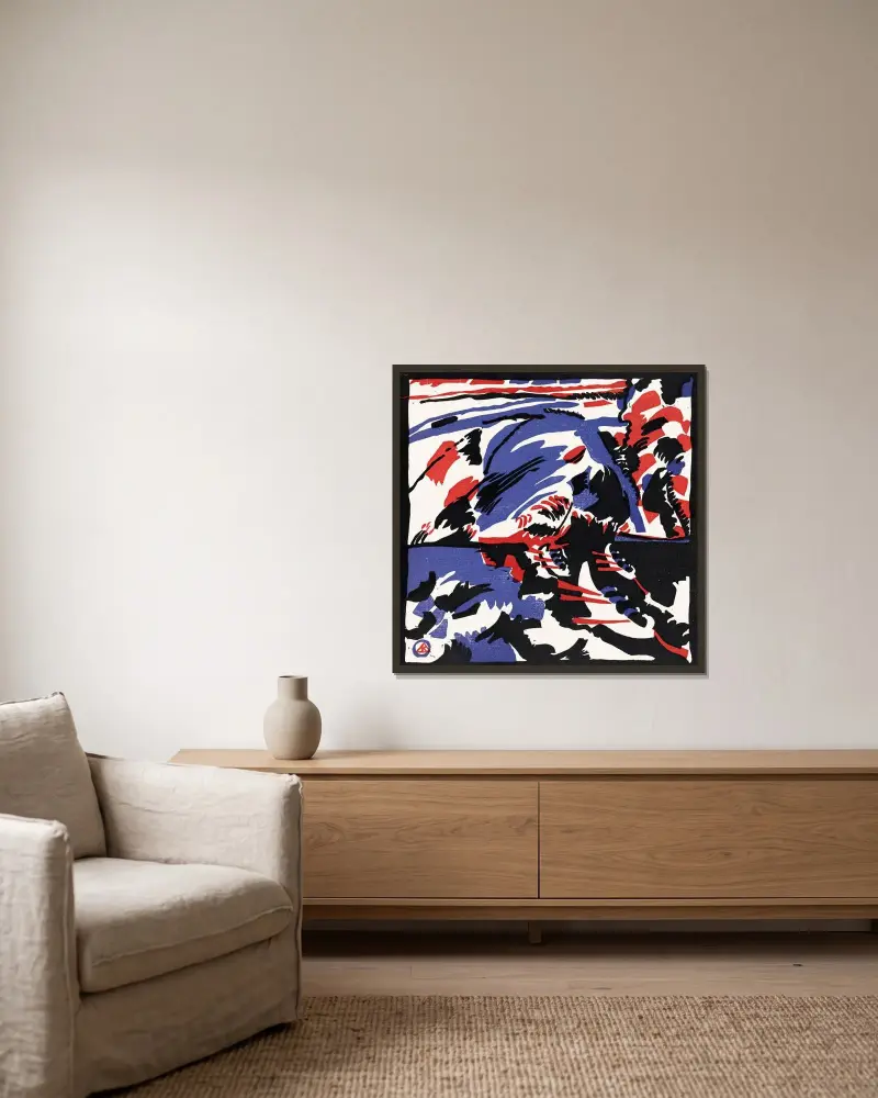 Två kvinnor i månskenslandskap av Wassily Kandinsky inramad på en vägg