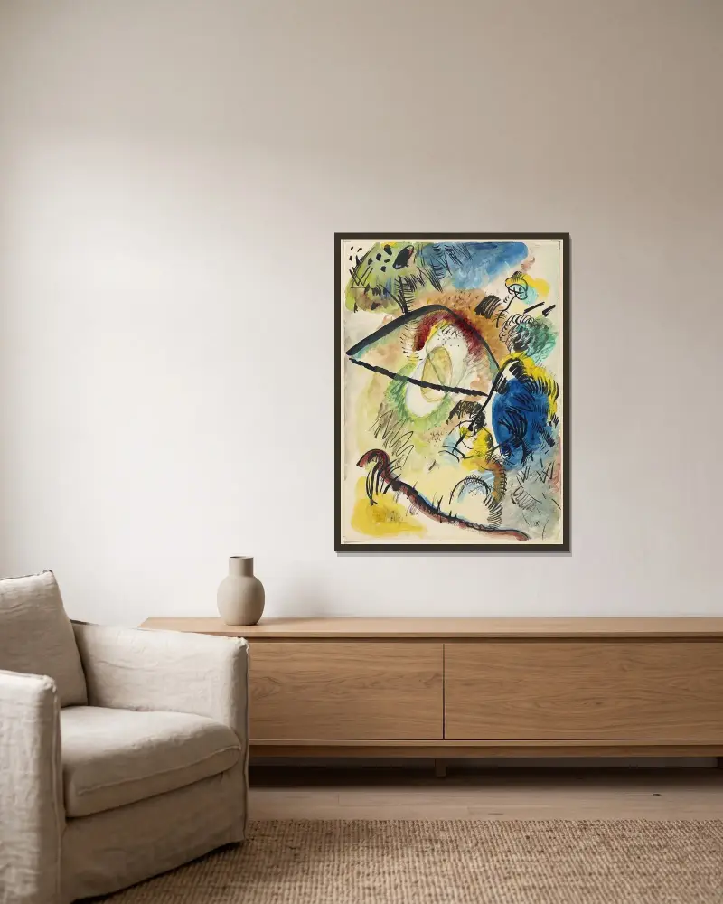 Watercolor IX (with black lines) av Wassily Kandinsky inramad på en vägg