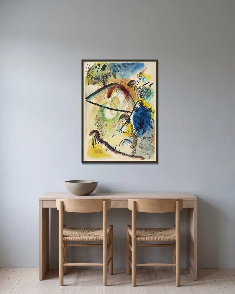 Watercolor IX (with black lines) av Wassily Kandinsky inramad på en vägg