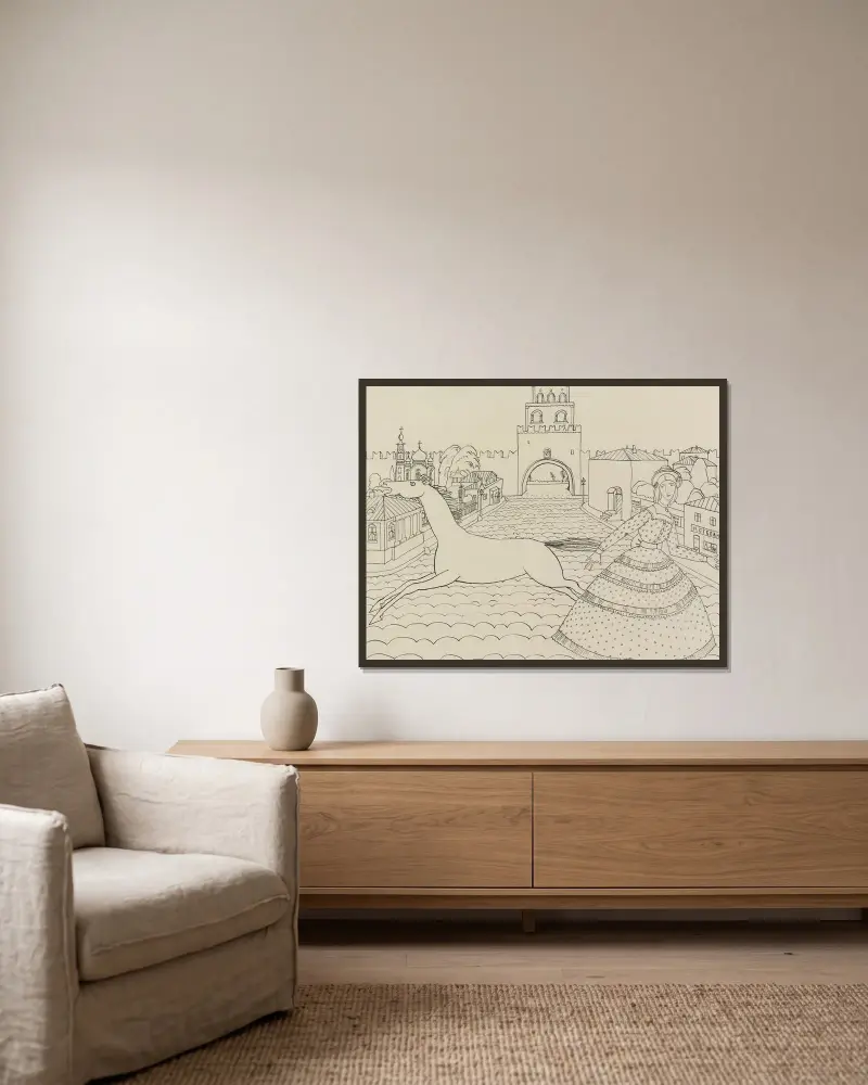 Zeichnung ‘mit Grüner Dame’ (Drawing For ‘with Green Lady’) av Wassily Kandinsky inramad på en vägg