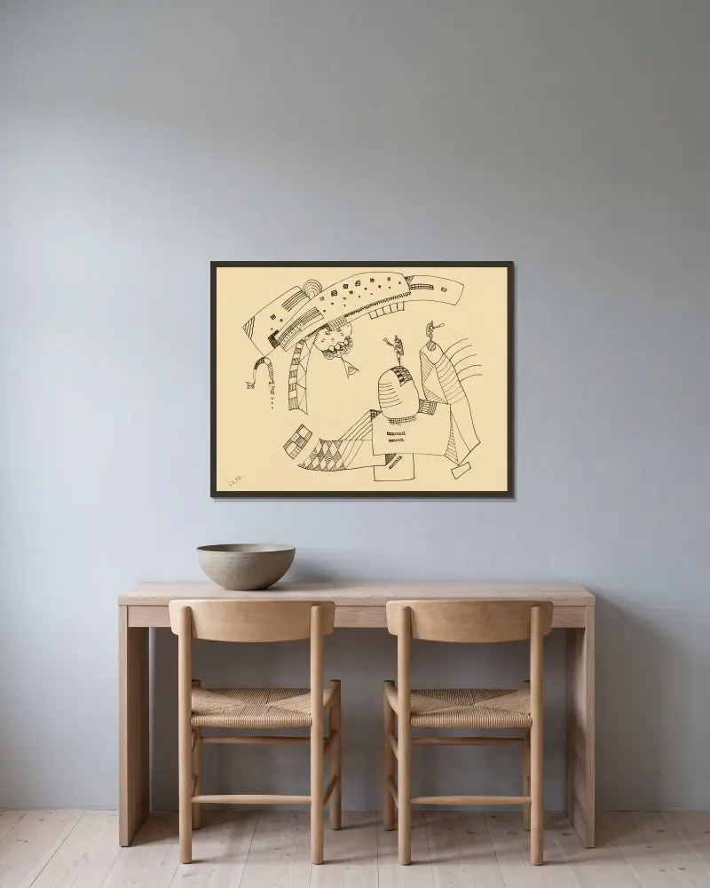 Teckning till 'Accent rond' av Wassily Kandinsky inramad på en vägg