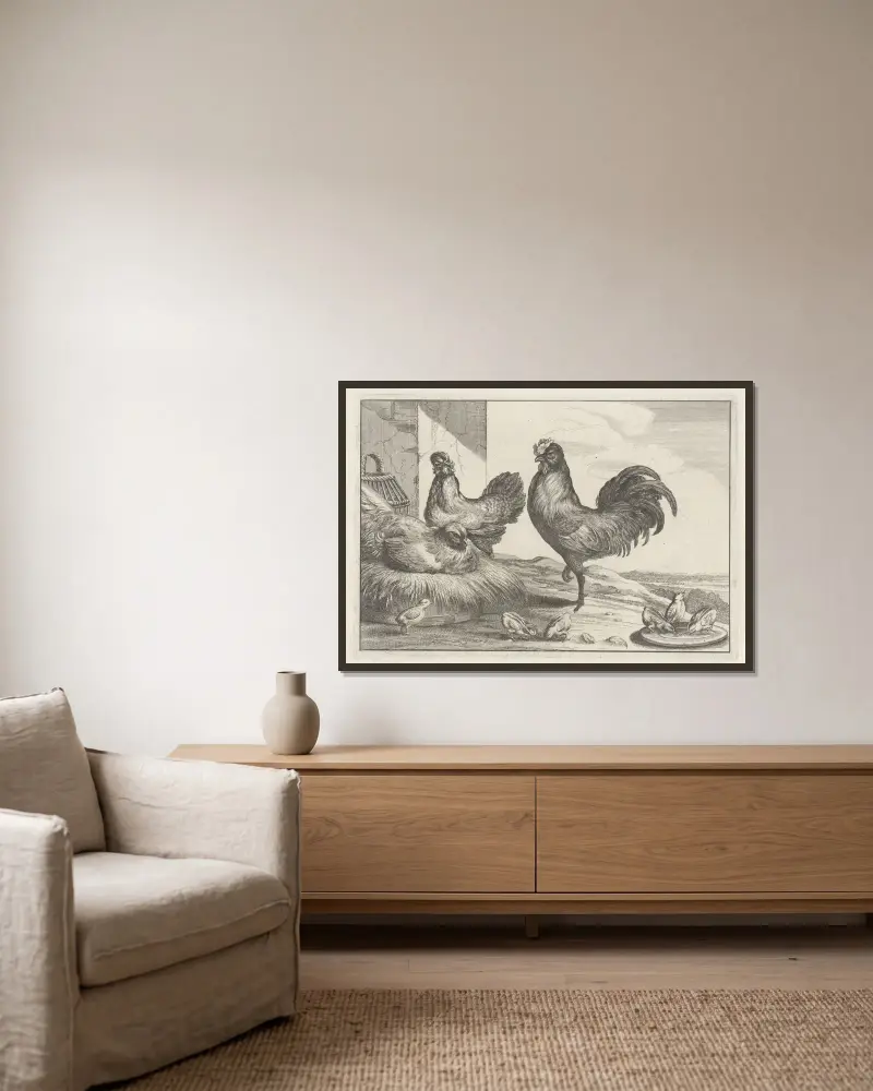 Tupp, höna och sex kycklingar på en gård av Wenceslaus Hollar inramad på en vägg