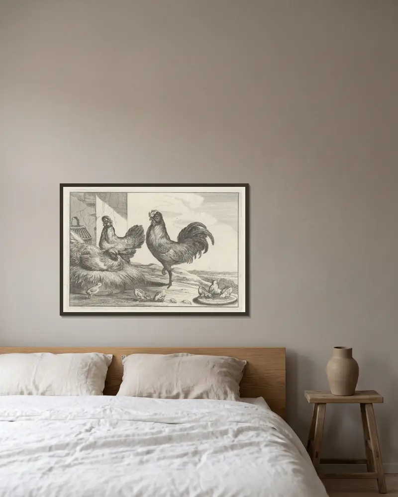 Tupp, höna och sex kycklingar på en gård av Wenceslaus Hollar inramad på en vägg