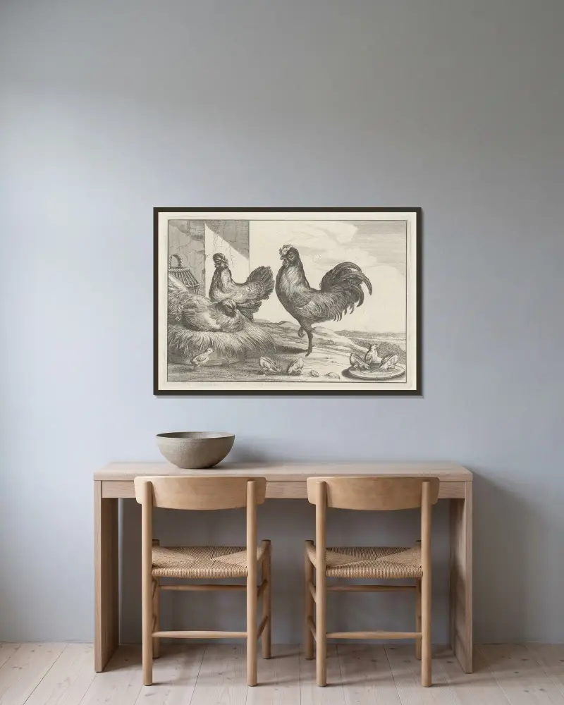 Tupp, höna och sex kycklingar på en gård av Wenceslaus Hollar inramad på en vägg