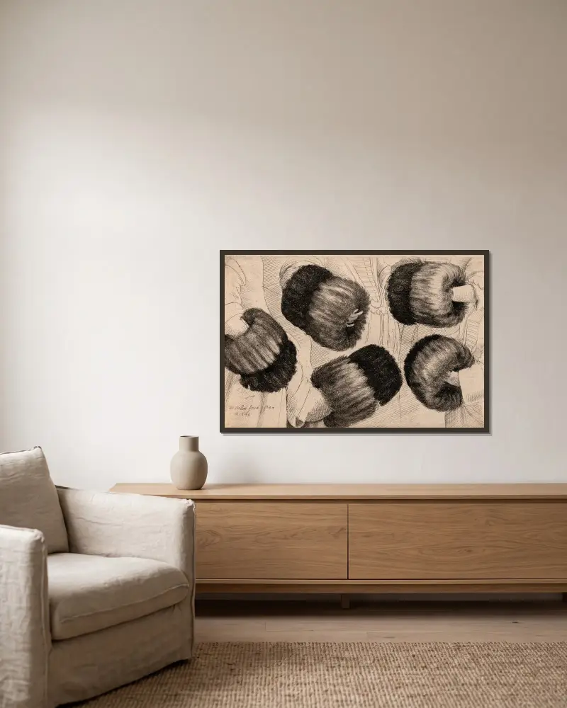 A Muff in Five Views av Wenceslaus Hollar inramad på en vägg