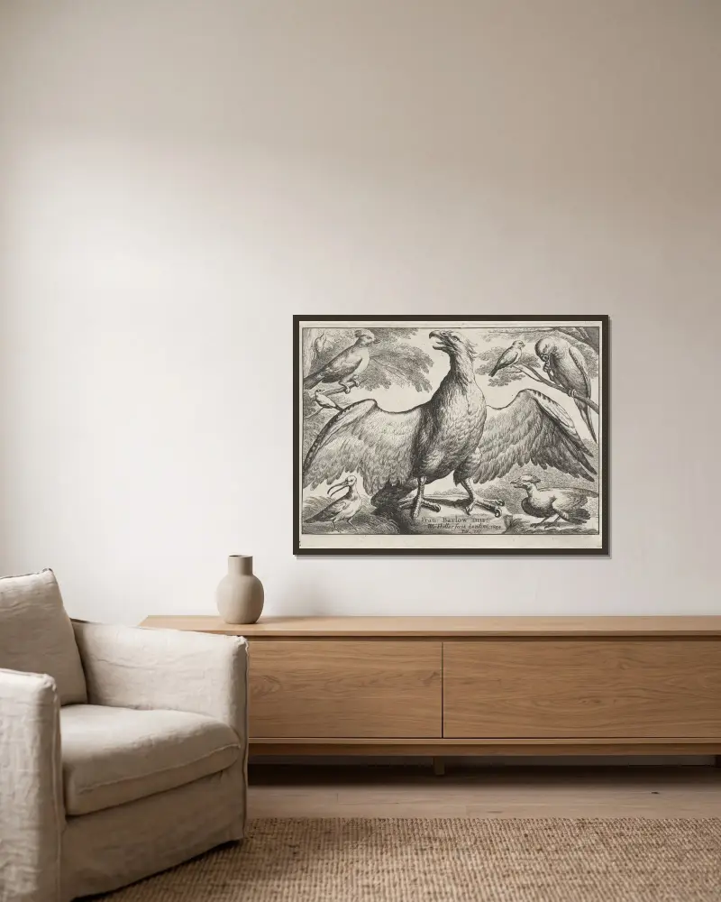 Ein Adler mit ausgebreiteten Flügeln steht auf einem Felsen, umgeben von sechs anderen Vögeln von Wenceslaus Hollar gerahmt an einer Wand
