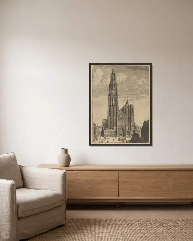 Antwerp Cathedral (Prospectvs Tvrris Ecclesiæ Cathedralis) av Wenceslaus Hollar inramad på en vägg