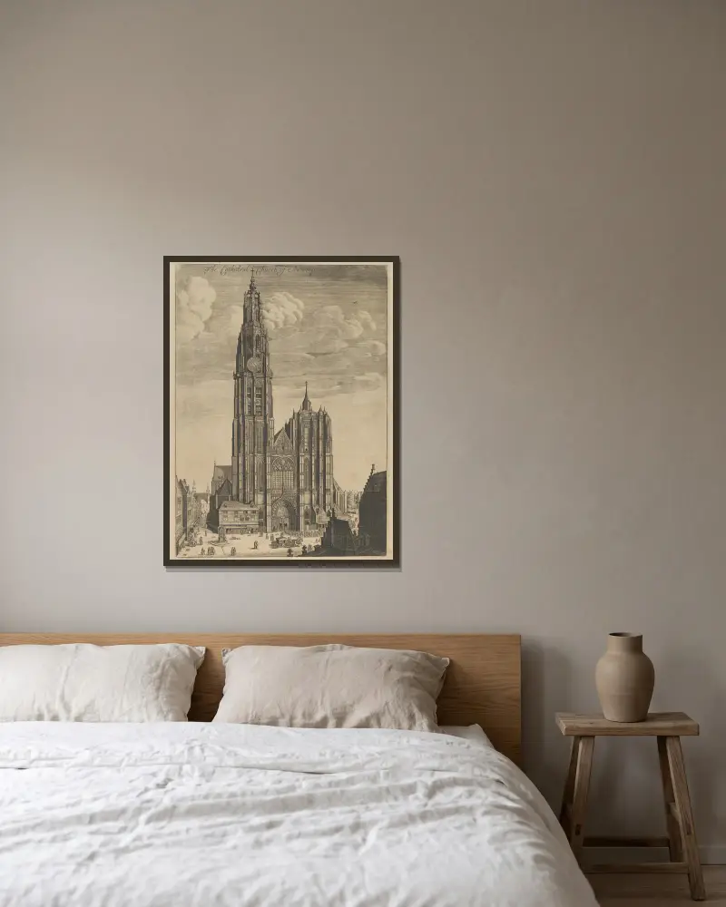 Antwerp Cathedral (Prospectvs Tvrris Ecclesiæ Cathedralis) av Wenceslaus Hollar inramad på en vägg