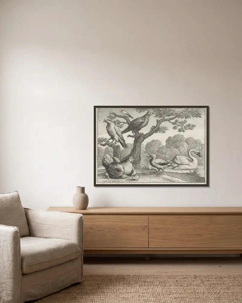 Vögel an einem Fluss; ein Schwan und eine Ente, ein Huhn mit einer Schar Küken, ein weiteres Geflügel und zwei weitere Vögel in einem Baum von Wenceslaus Hollar gerahmt an einer Wand