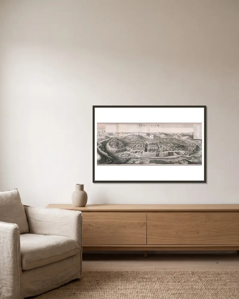 Vogelperspektive auf Jerusalem von Wenceslaus Hollar gerahmt an einer Wand