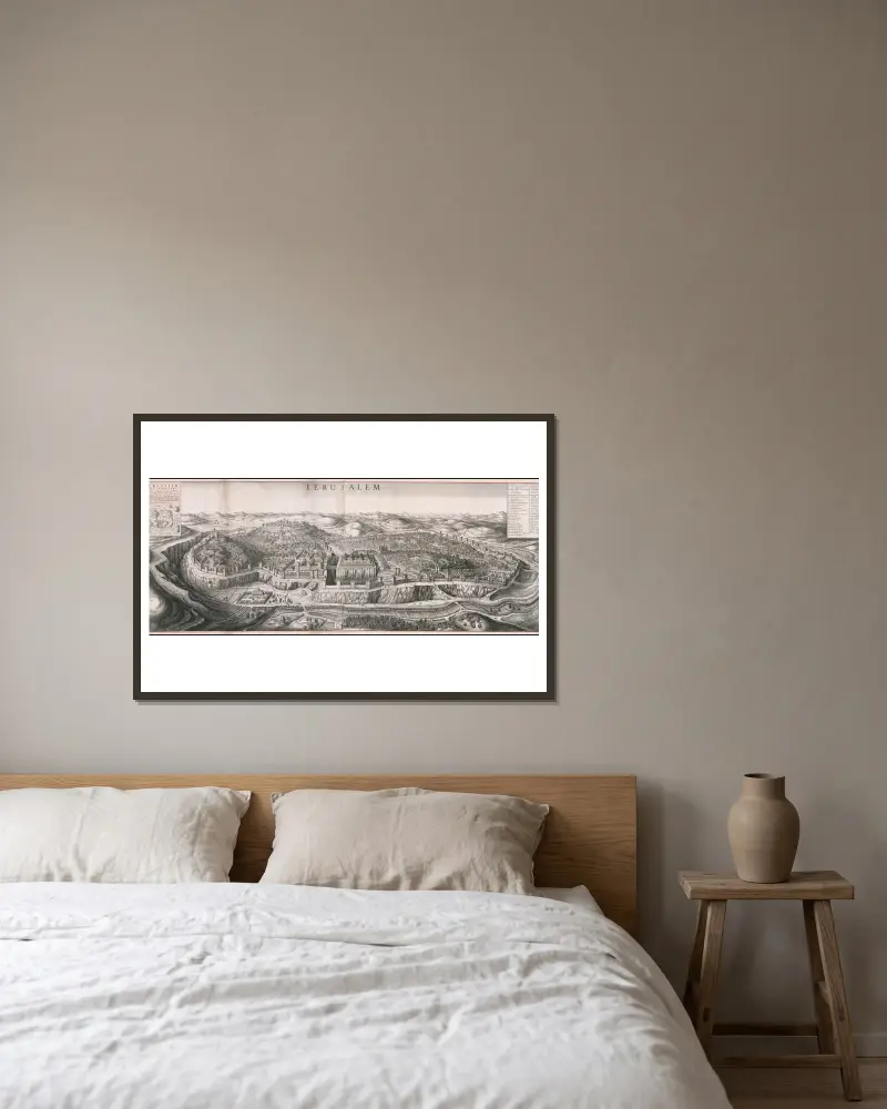Vogelperspektive auf Jerusalem von Wenceslaus Hollar gerahmt an einer Wand