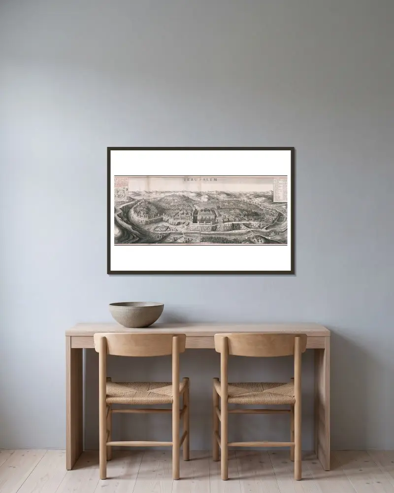 Vogelperspektive auf Jerusalem von Wenceslaus Hollar gerahmt an einer Wand
