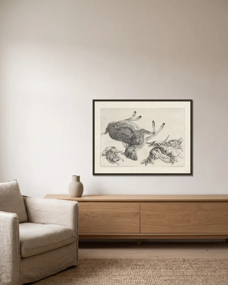 Toter Hirsch auf seiner rechten Seite liegend, zwei tote Hasen und zwei Bekassinen rechts, drei tote Vögel links von Wenceslaus Hollar gerahmt an einer Wand