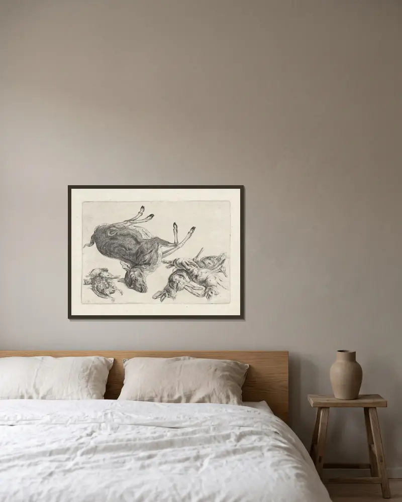 Toter Hirsch auf seiner rechten Seite liegend, zwei tote Hasen und zwei Bekassinen rechts, drei tote Vögel links von Wenceslaus Hollar gerahmt an einer Wand