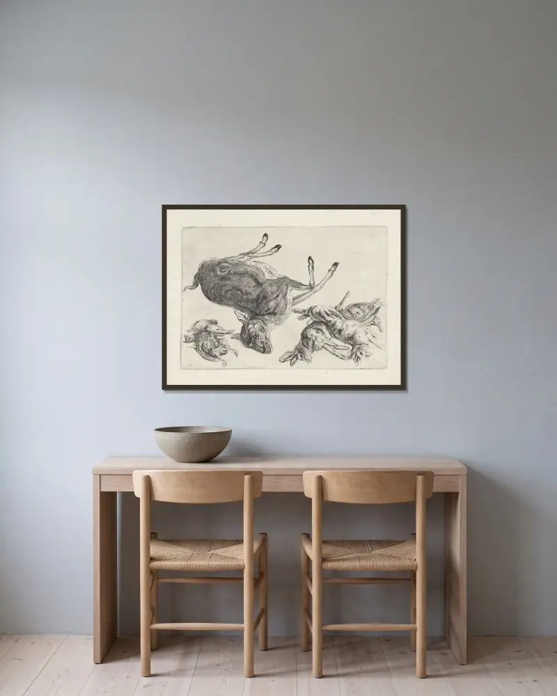 Toter Hirsch auf seiner rechten Seite liegend, zwei tote Hasen und zwei Bekassinen rechts, drei tote Vögel links von Wenceslaus Hollar gerahmt an einer Wand