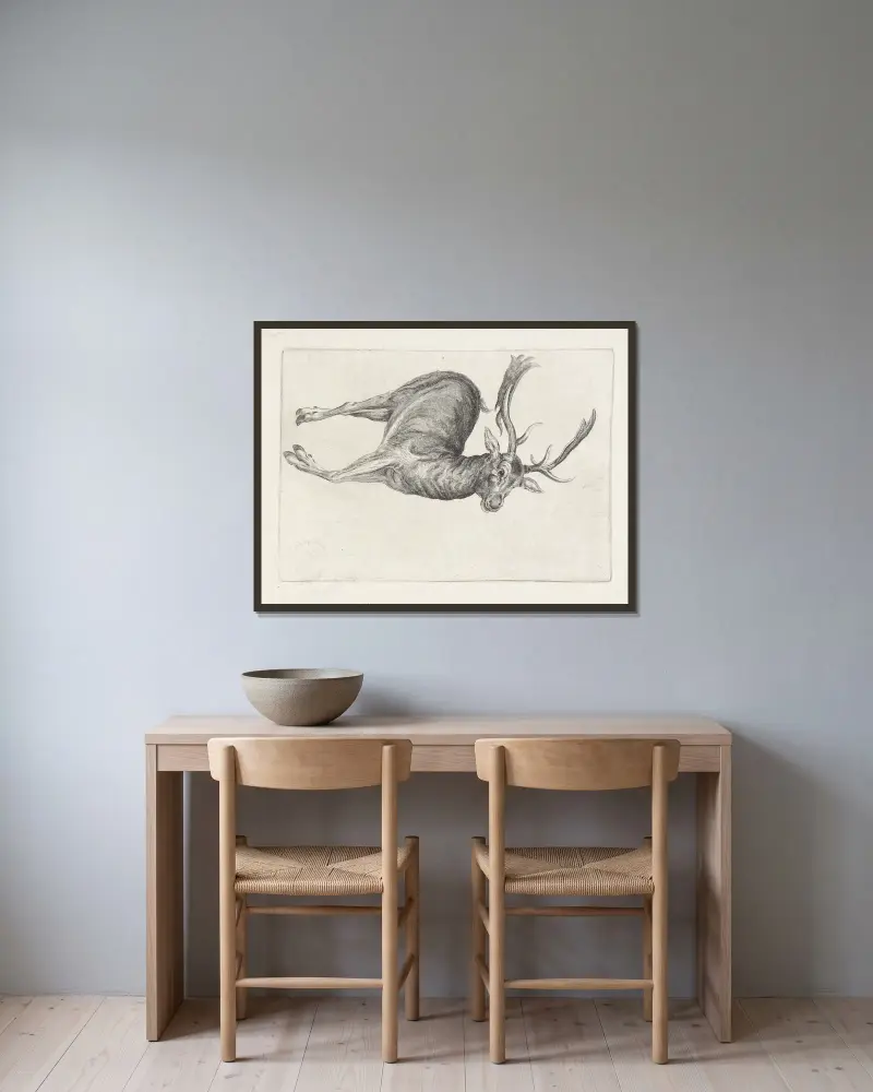 Toter Damhirsch, auf der linken Seite liegend, Kopf nach rechts von Wenceslaus Hollar gerahmt an einer Wand