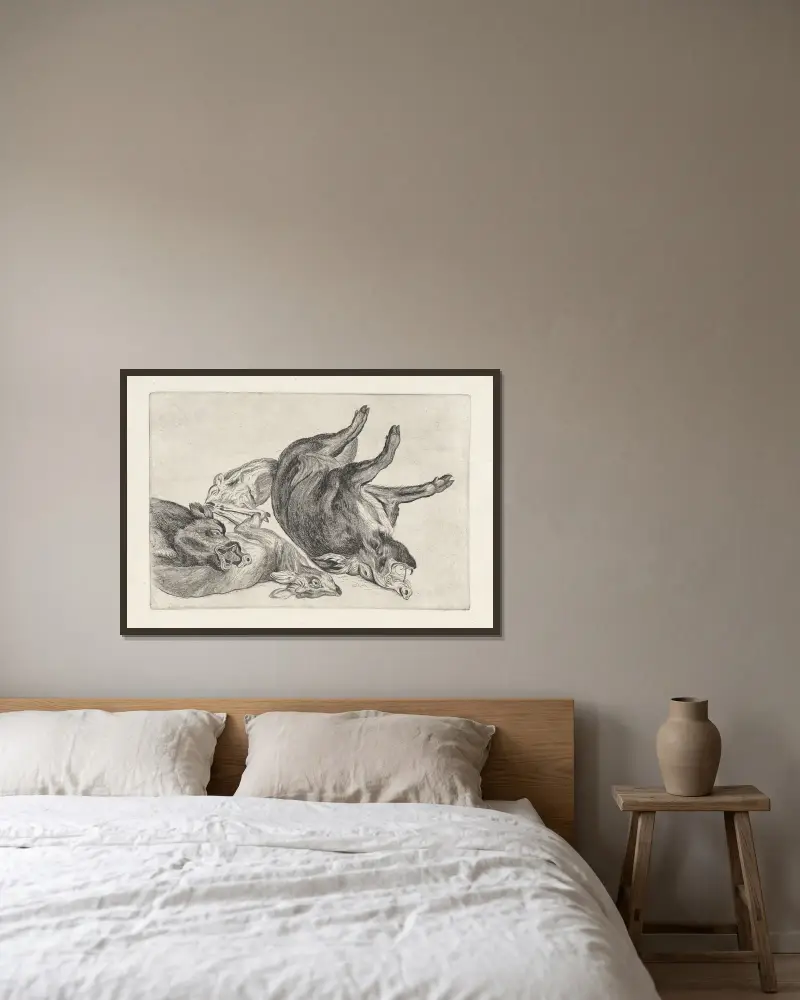 Död vildsvin liggande på sin högra sida, ett annat med huvudet på en död hjort av Wenceslaus Hollar inramad på en vägg