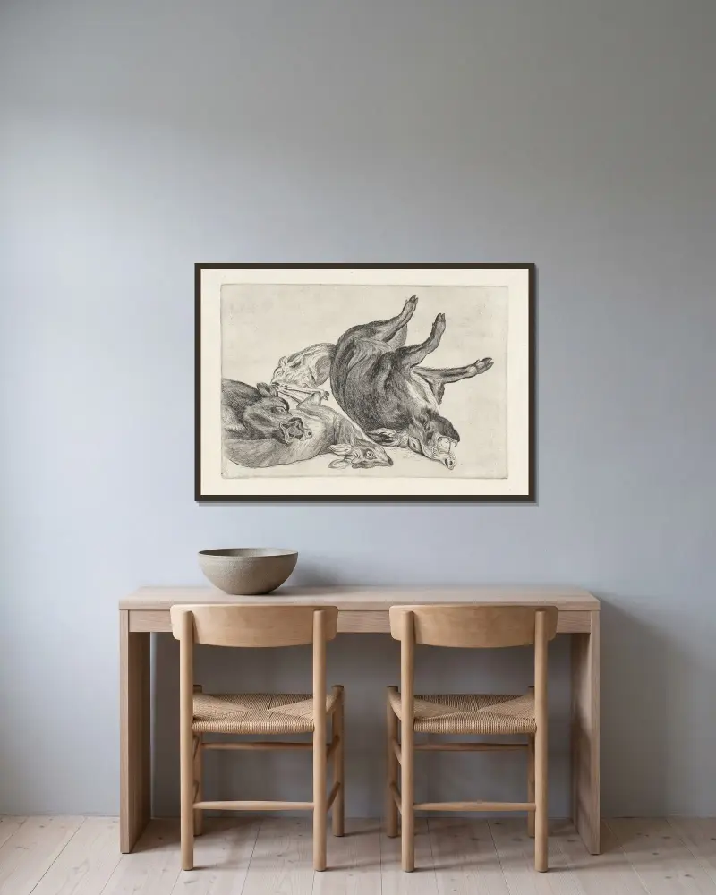 Död vildsvin liggande på sin högra sida, ett annat med huvudet på en död hjort av Wenceslaus Hollar inramad på en vägg