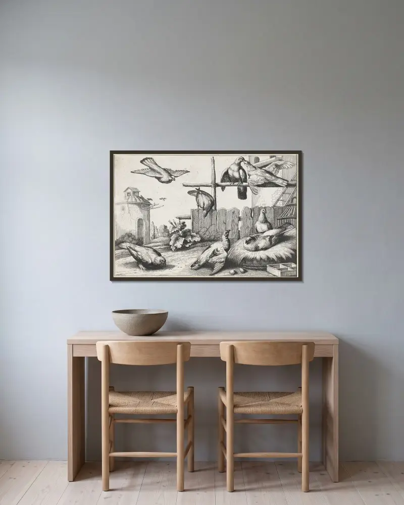 Åtta duvor på en gård nära ett duvslag; ett duvslag i bakgrunden av Wenceslaus Hollar inramad på en vägg