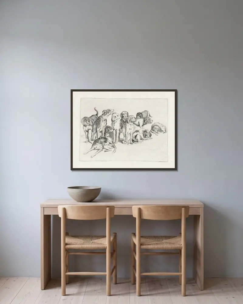 Eleven Hounds av Wenceslaus Hollar inramad på en vägg
