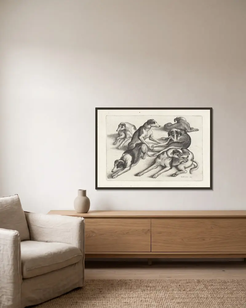 Fem hundar liggande på marken, slickande sig av Wenceslaus Hollar inramad på en vägg