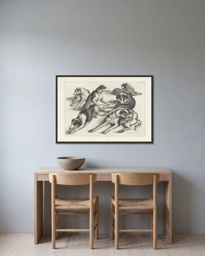 Fem hundar liggande på marken, slickande sig av Wenceslaus Hollar inramad på en vägg