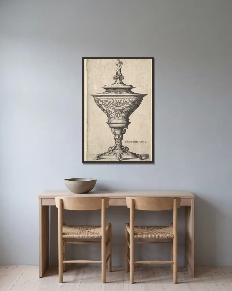 Prunkpokal auf Maskenfüßen von Wenceslaus Hollar gerahmt an einer Wand