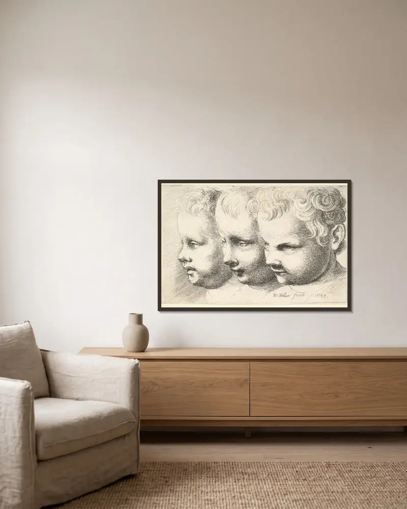 Three children’s heads av Wenceslaus Hollar inramad på en vägg