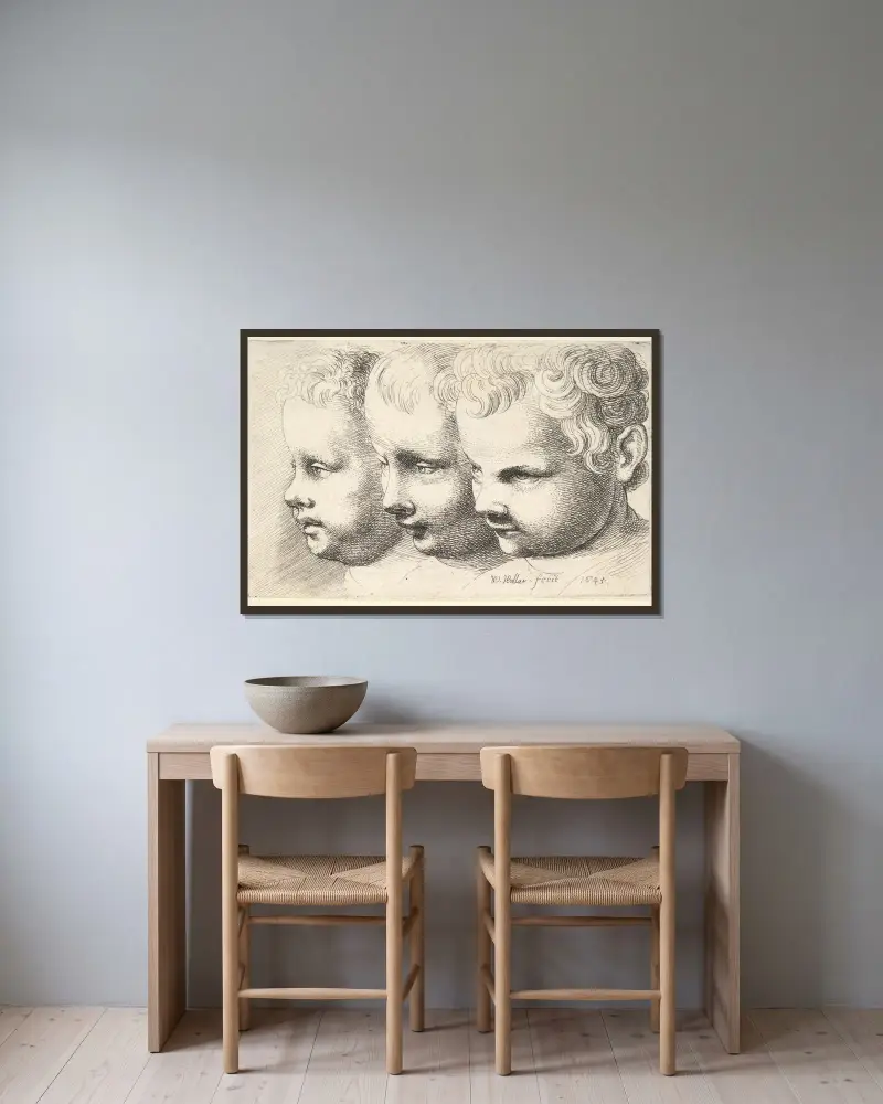 Three children’s heads av Wenceslaus Hollar inramad på en vägg