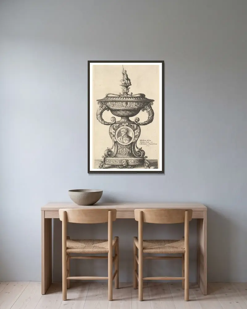 Two handled cup av Wenceslaus Hollar inramad på en vägg