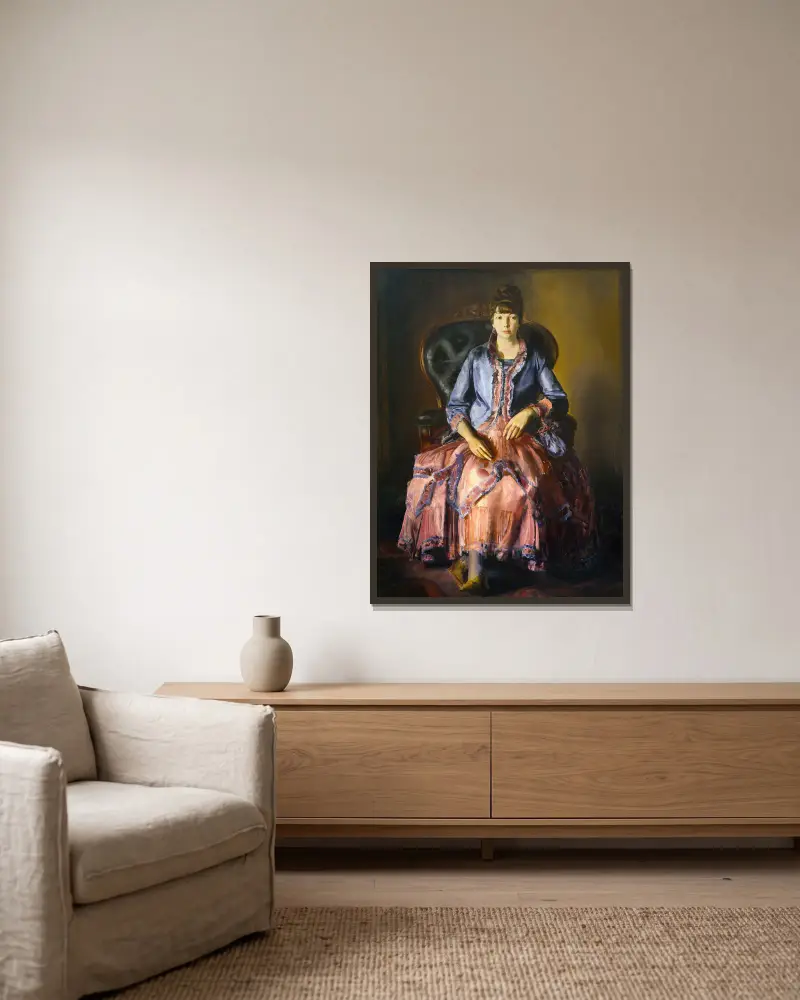 Emma i lila klänning av George Wesley Bellows inramad på en vägg