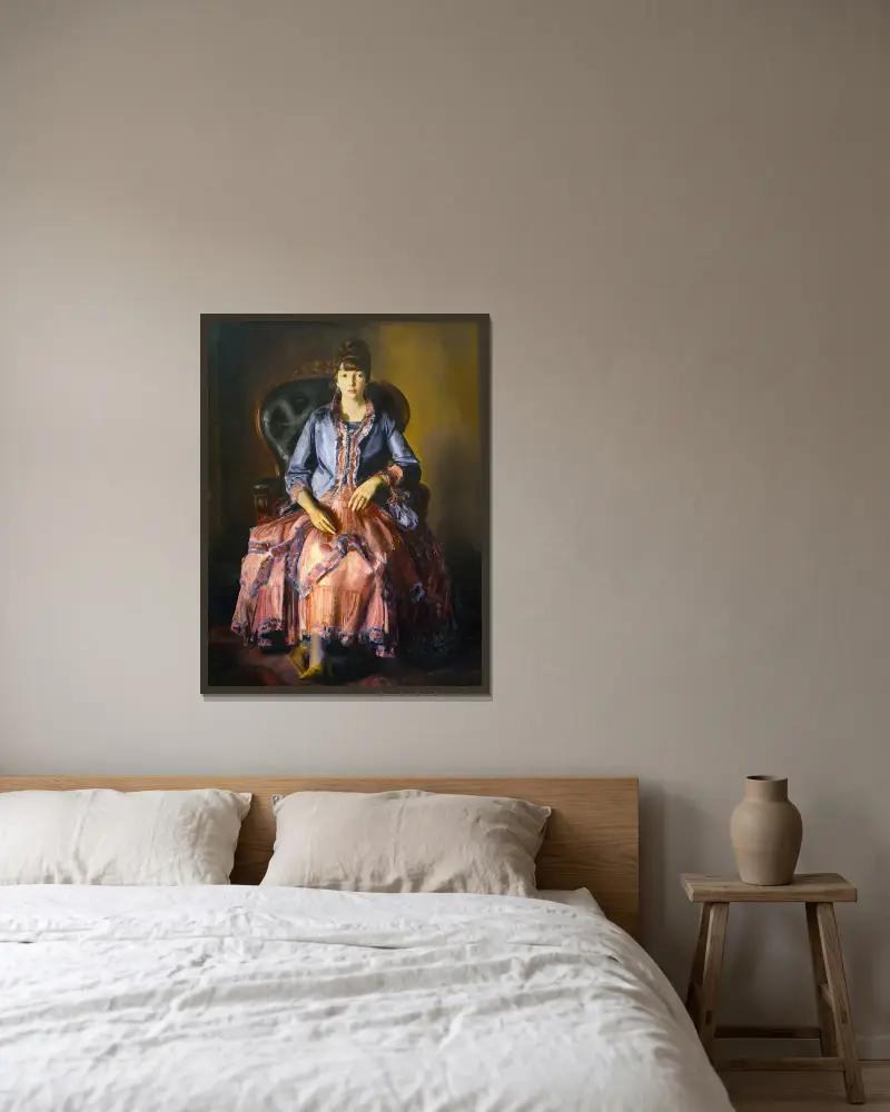 Emma i lila klänning av George Wesley Bellows inramad på en vägg