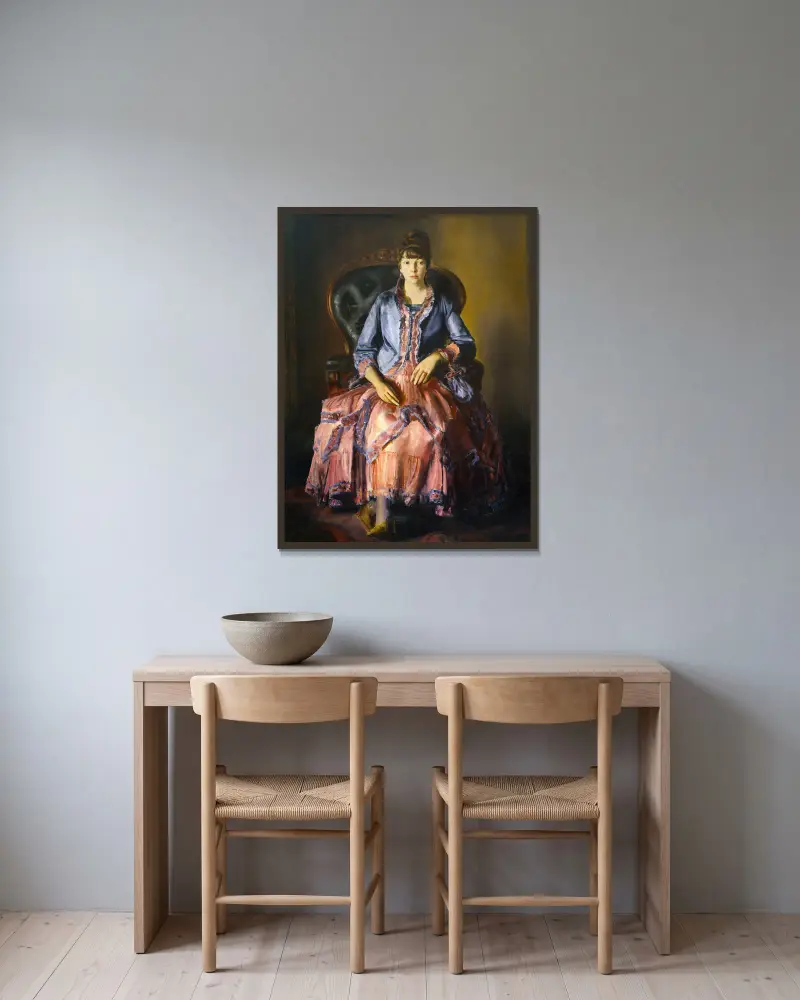 Emma i lila klänning av George Wesley Bellows inramad på en vägg