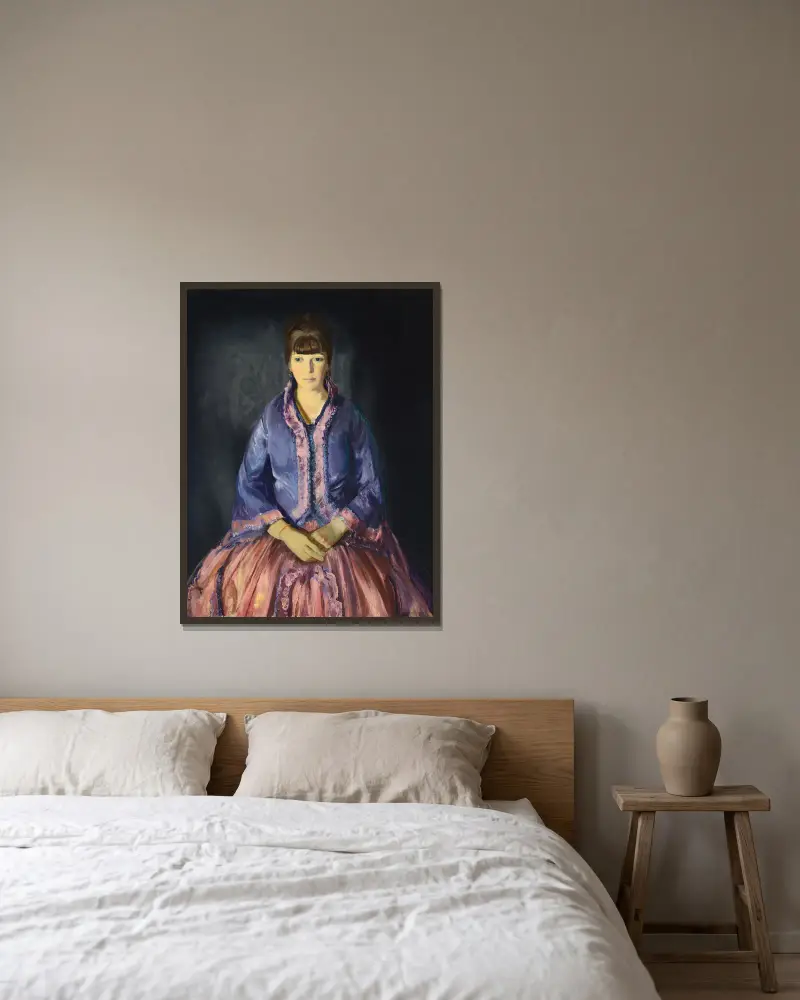 Emma i lila klänning av George Wesley Bellows inramad på en vägg