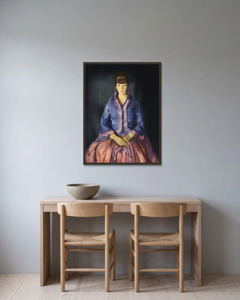 Emma i lila klänning av George Wesley Bellows inramad på en vägg