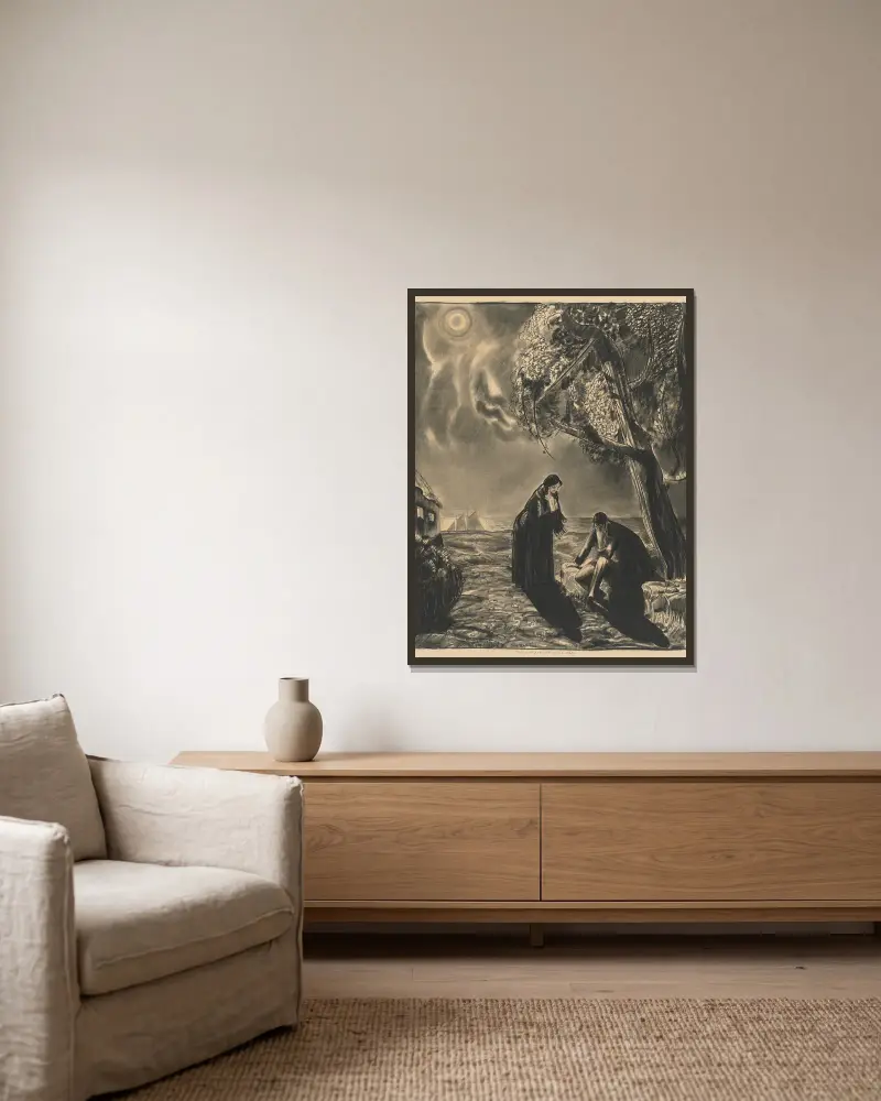 Häxan och den unge mannen av George Wesley Bellows inramad på en vägg