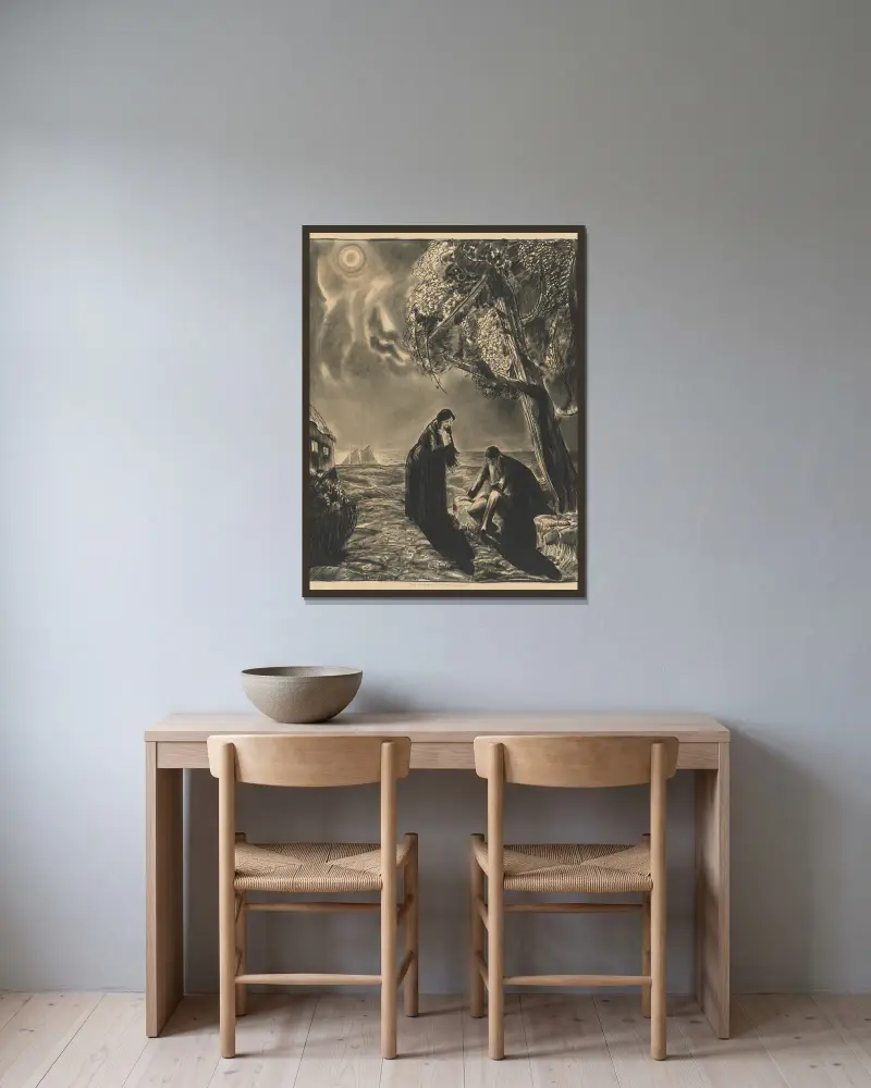Häxan och den unge mannen av George Wesley Bellows inramad på en vägg