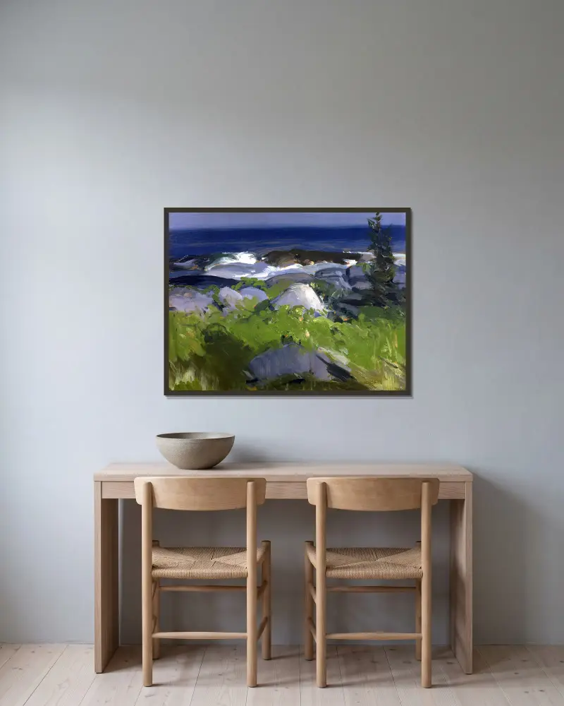 Vinrankbeklädd strand – Monhegan Island av George Wesley Bellows inramad på en vägg